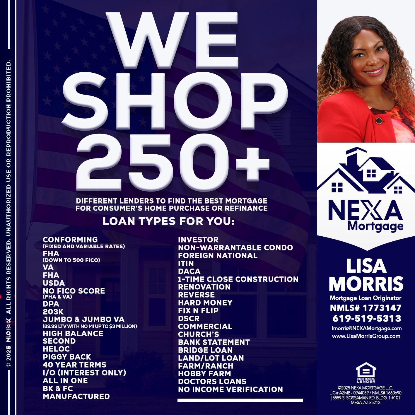 WE SHOP 250+ - Lisa Morris -Mortgage Loan Officer