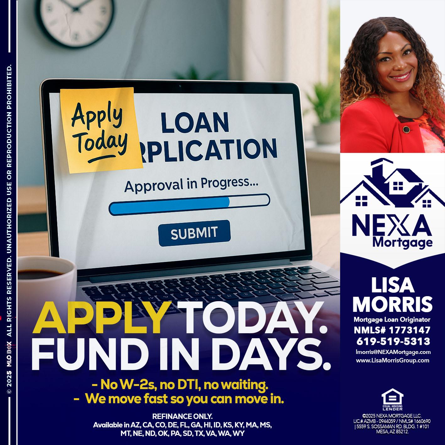 APPLY TODAY - Lisa Morris -Mortgage Loan Officer
