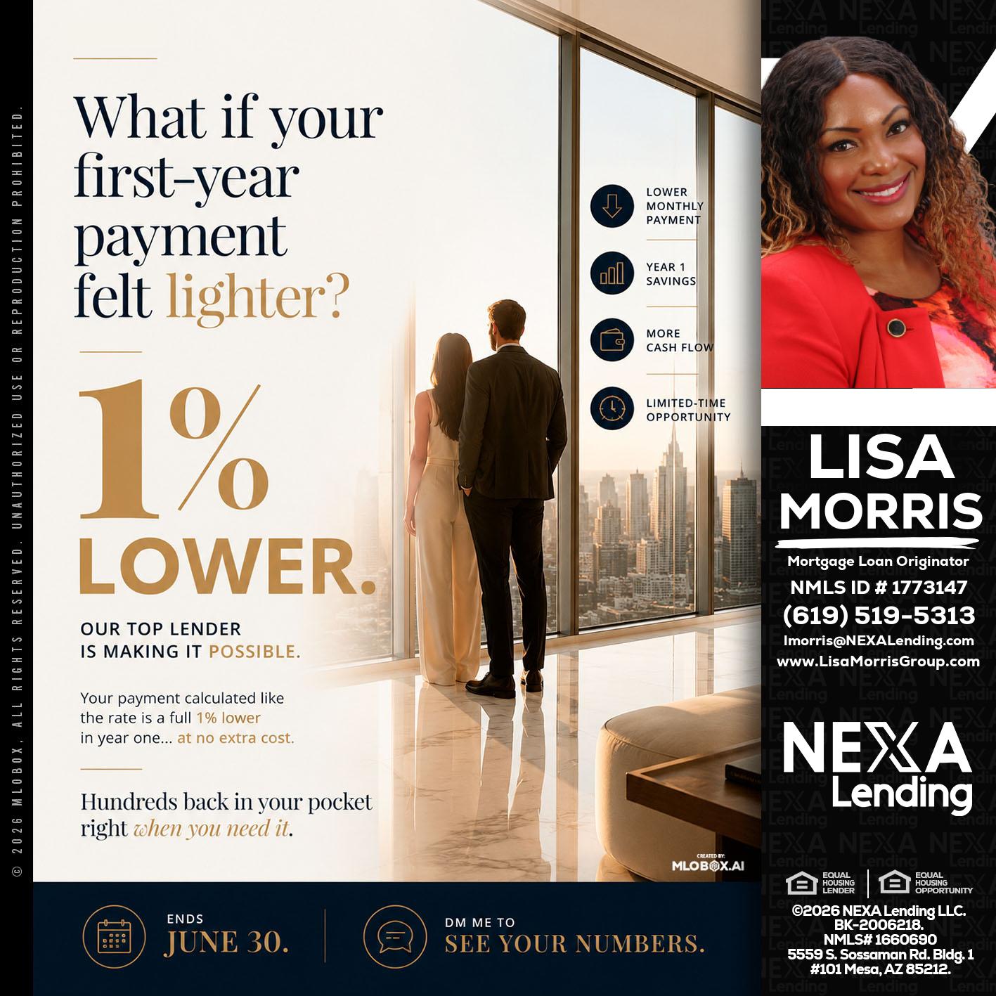 1% lower - Lisa Morris -Mortgage Loan Officer