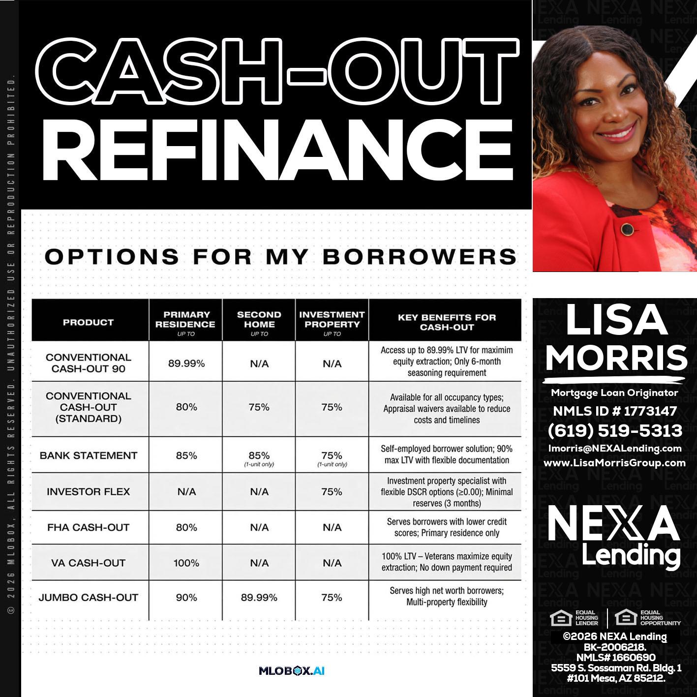 CASH OUT - Lisa Morris -Mortgage Loan Officer