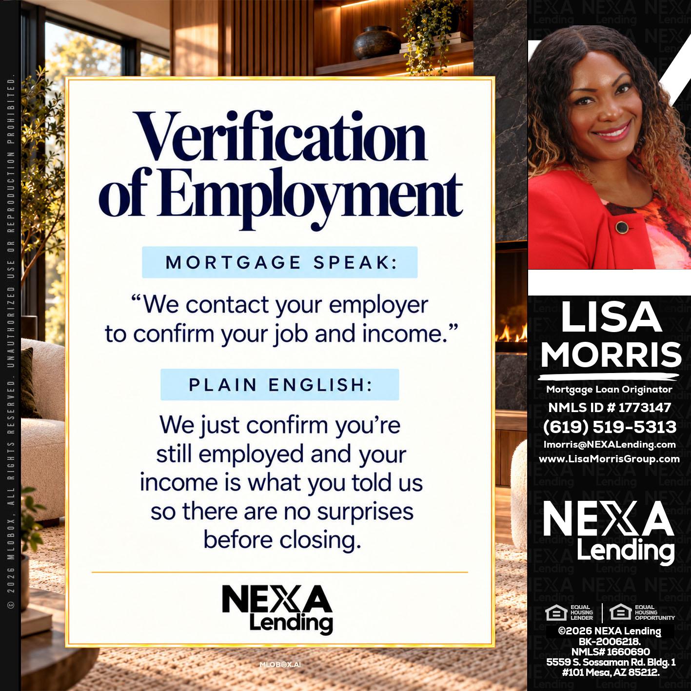 VERIFICATION OF EMPLOYMENT - Lisa Morris -Mortgage Loan Officer